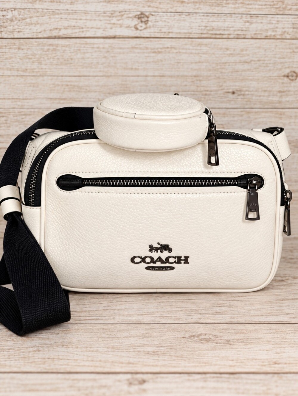 Coach White Pebbled Leather Belt Bag with Black Strap